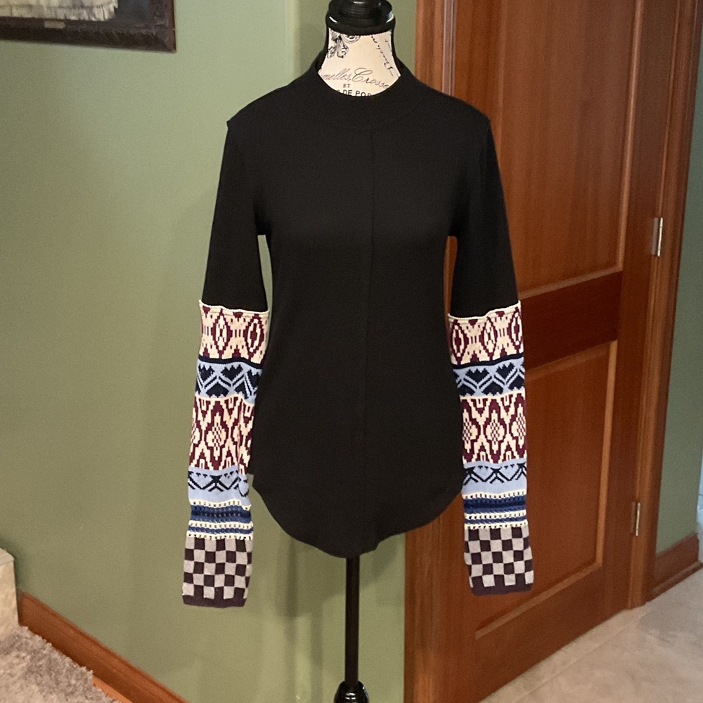 We The Free Black Top with Colorful Patterned Sleeves, Size L